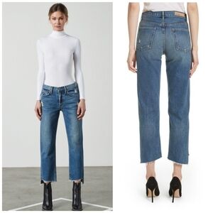 GRLFRND Cropped Straight Leg Jeans in Washed Blue